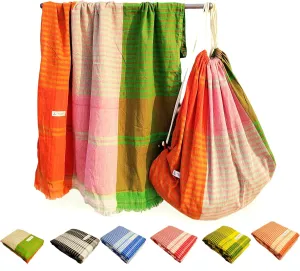 GOANA Beach Towel Convert to Tote Bag or Backpack Large Size 72"×35" Adjustable Straps with Organizer 100% Organic Cotton Handloom Lightweight Quick Dry Absorbent Travel Picnic Pool (Saffron & Green)