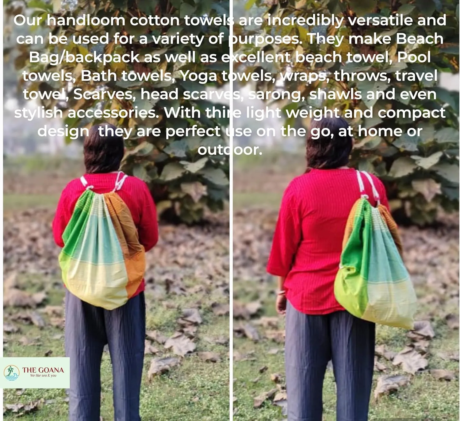 GOANA Beach Towel Convert to Tote Bag or Backpack Large Size 72"×35" Adjustable Straps with Organizer 100% Organic Cotton Handloom Lightweight Quick Dry Absorbent Travel Picnic Pool (Saffron & Green)