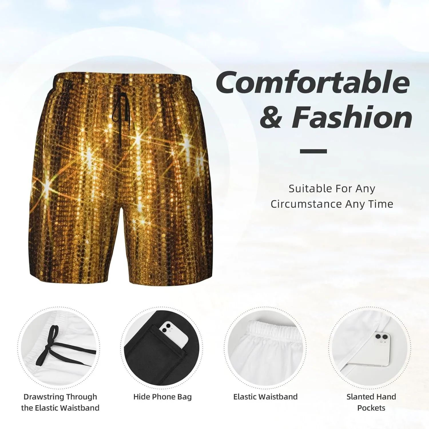 Gold Sequin Sparkle Print Men's Double Layer Swim Shorts, Gym Workout Shorts with Pocket