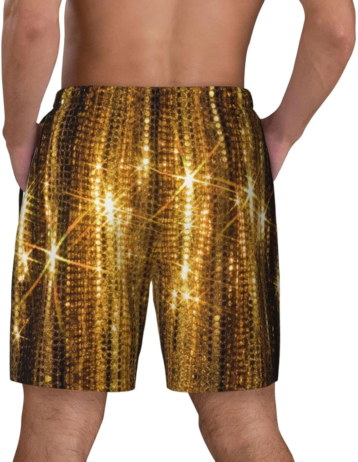 Gold Sequin Sparkle Print Men's Double Layer Swim Shorts, Gym Workout Shorts with Pocket