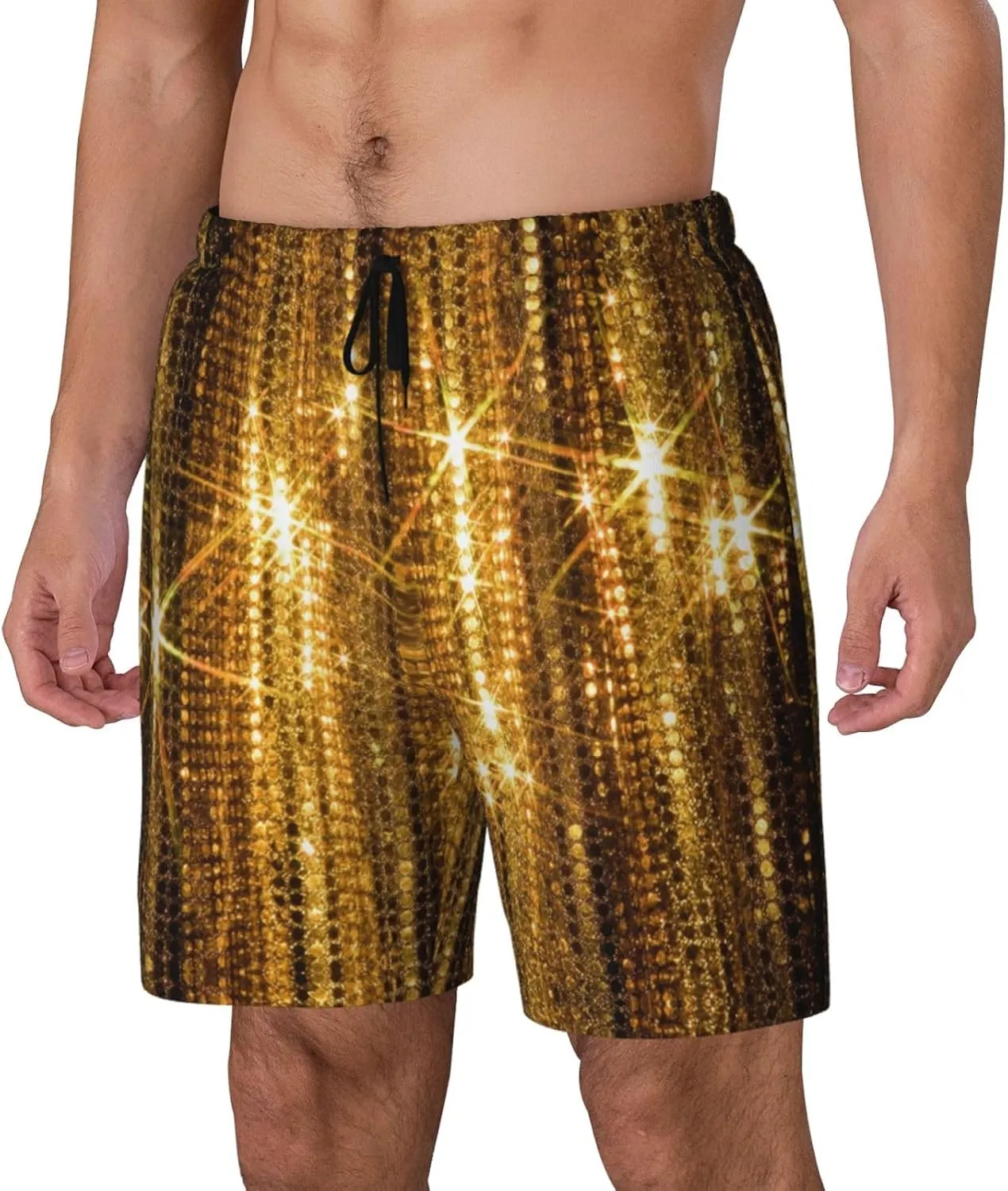 Gold Sequin Sparkle Print Men's Double Layer Swim Shorts, Gym Workout Shorts with Pocket