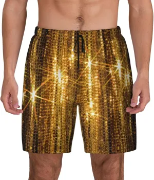 Gold Sequin Sparkle Print Men's Double Layer Swim Shorts, Gym Workout Shorts with Pocket