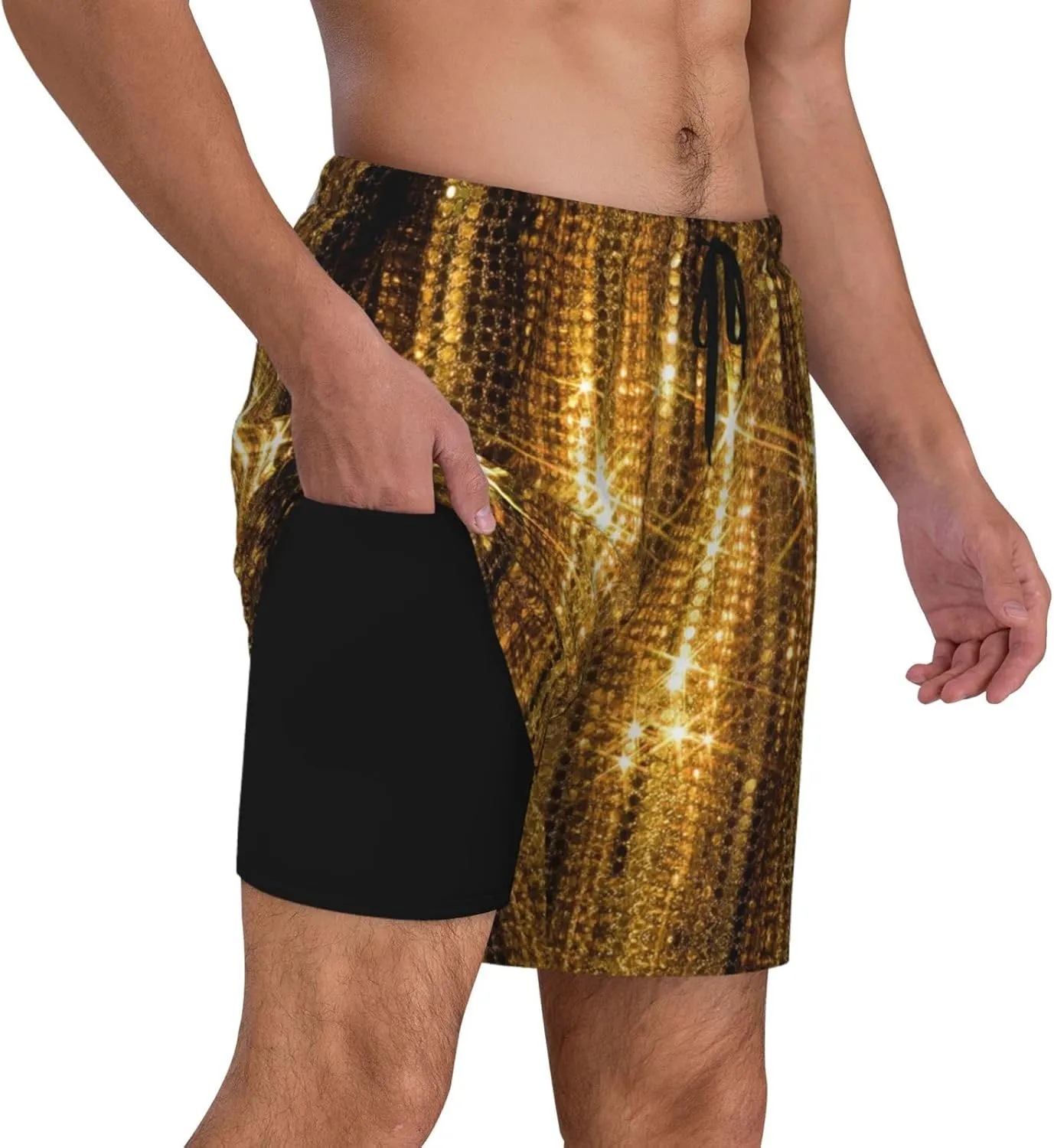 Gold Sequin Sparkle Print Men's Double Layer Swim Shorts, Gym Workout Shorts with Pocket