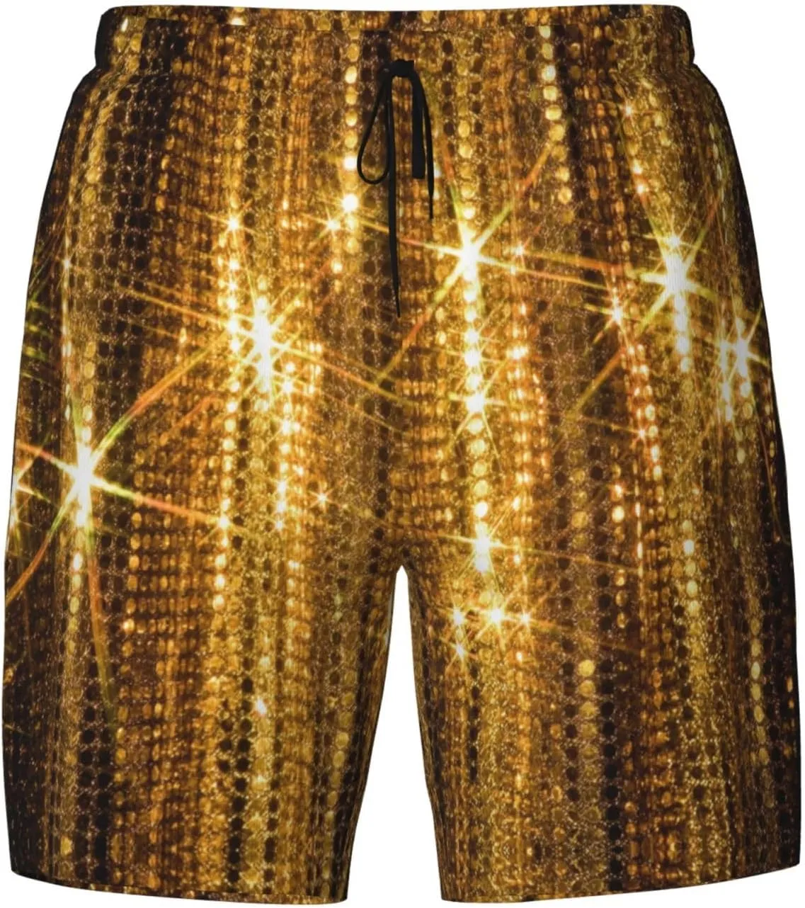 Gold Sequin Sparkle Print Men's Double Layer Swim Shorts, Gym Workout Shorts with Pocket