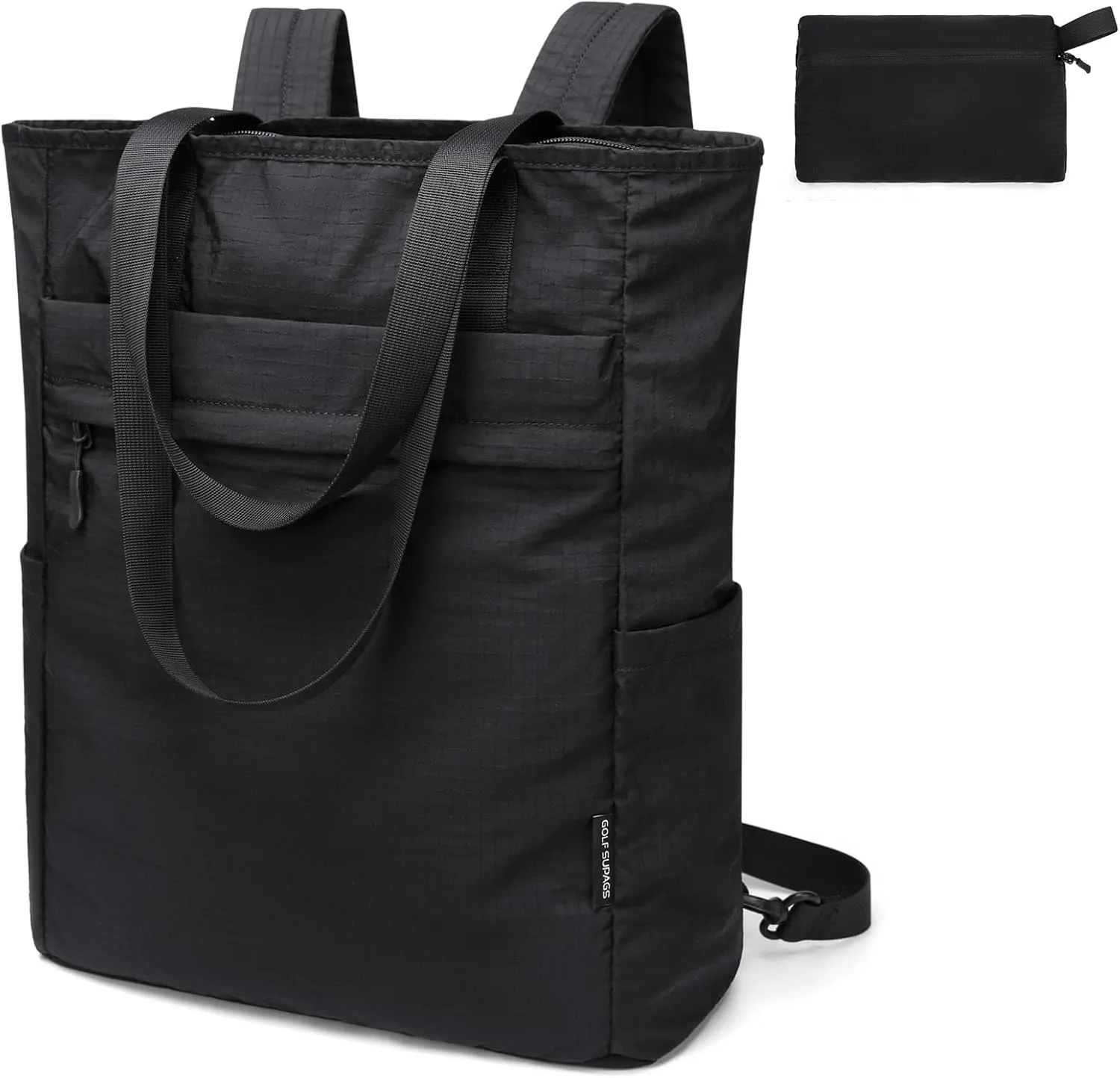 GOLF SUPAGS Foldaway Convertible Tote Backpack Lightweight Nylon Daypack for Women Men City Pack Versatile Backpack for Leisure Travel, Black