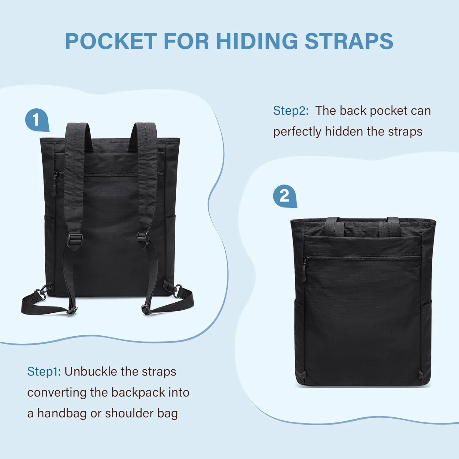 GOLF SUPAGS Foldaway Convertible Tote Backpack Lightweight Nylon Daypack for Women Men City Pack Versatile Backpack for Leisure Travel, Black