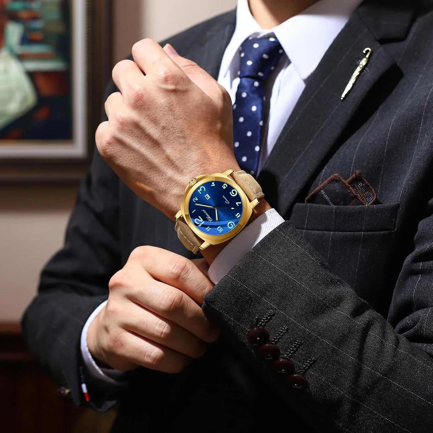 Gosasa Fashion Men's Business Quartz Watch Luminous Casual Dress Wristwatch Arabic Numerals Waterproof Leather Strap with Date Display