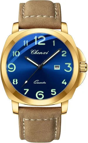 Gosasa Fashion Men's Business Quartz Watch Luminous Casual Dress Wristwatch Arabic Numerals Waterproof Leather Strap with Date Display