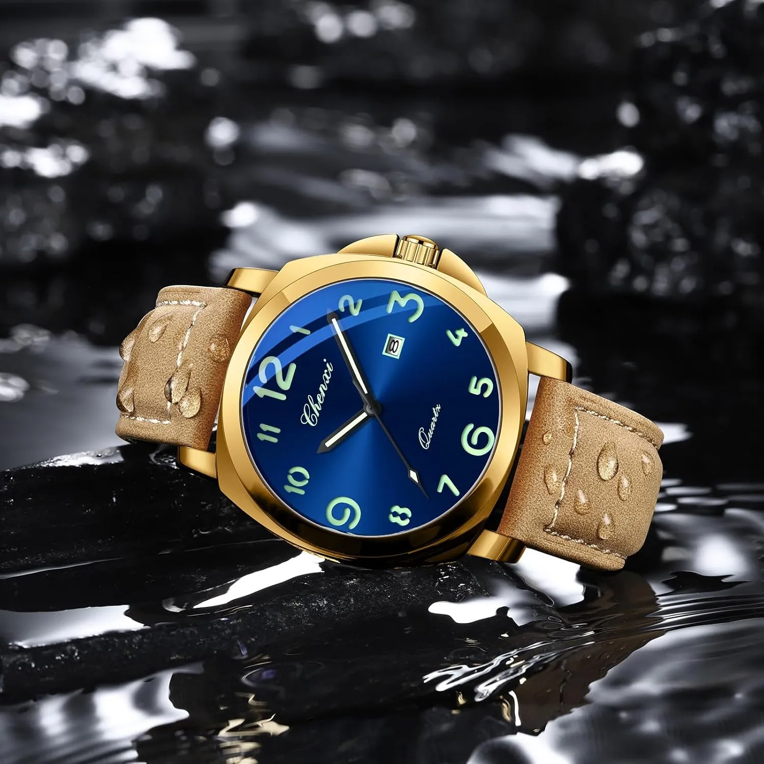 Gosasa Fashion Men's Business Quartz Watch Luminous Casual Dress Wristwatch Arabic Numerals Waterproof Leather Strap with Date Display