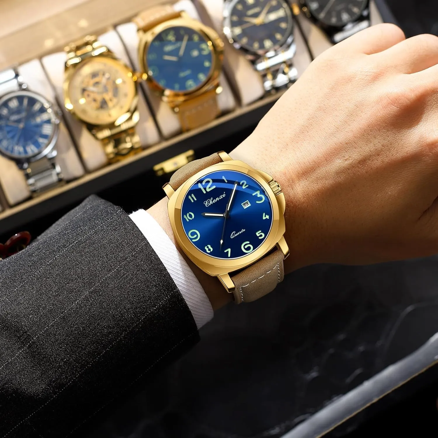 Gosasa Fashion Men's Business Quartz Watch Luminous Casual Dress Wristwatch Arabic Numerals Waterproof Leather Strap with Date Display