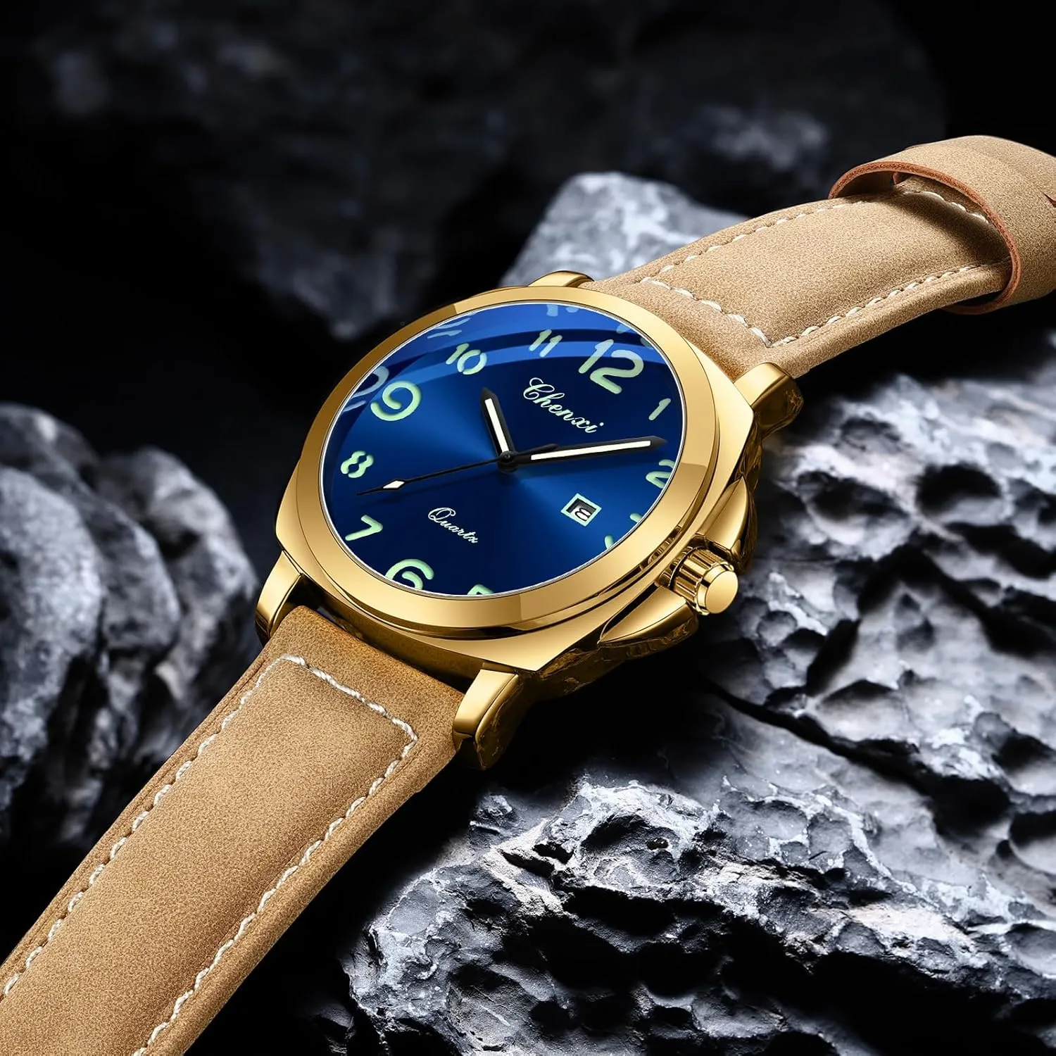 Gosasa Fashion Men's Business Quartz Watch Luminous Casual Dress Wristwatch Arabic Numerals Waterproof Leather Strap with Date Display