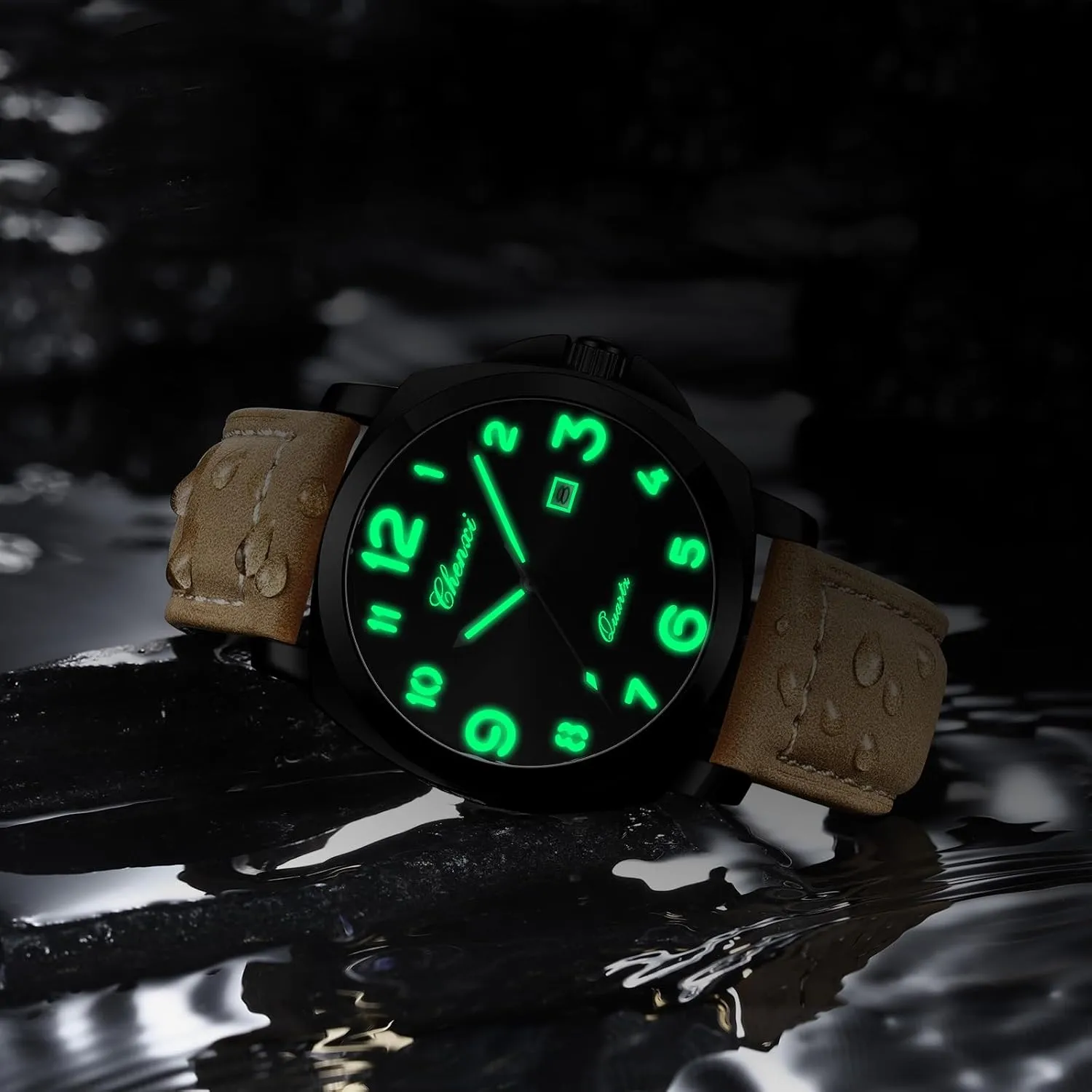 Gosasa Fashion Men's Business Quartz Watch Luminous Casual Dress Wristwatch Arabic Numerals Waterproof Leather Strap with Date Display