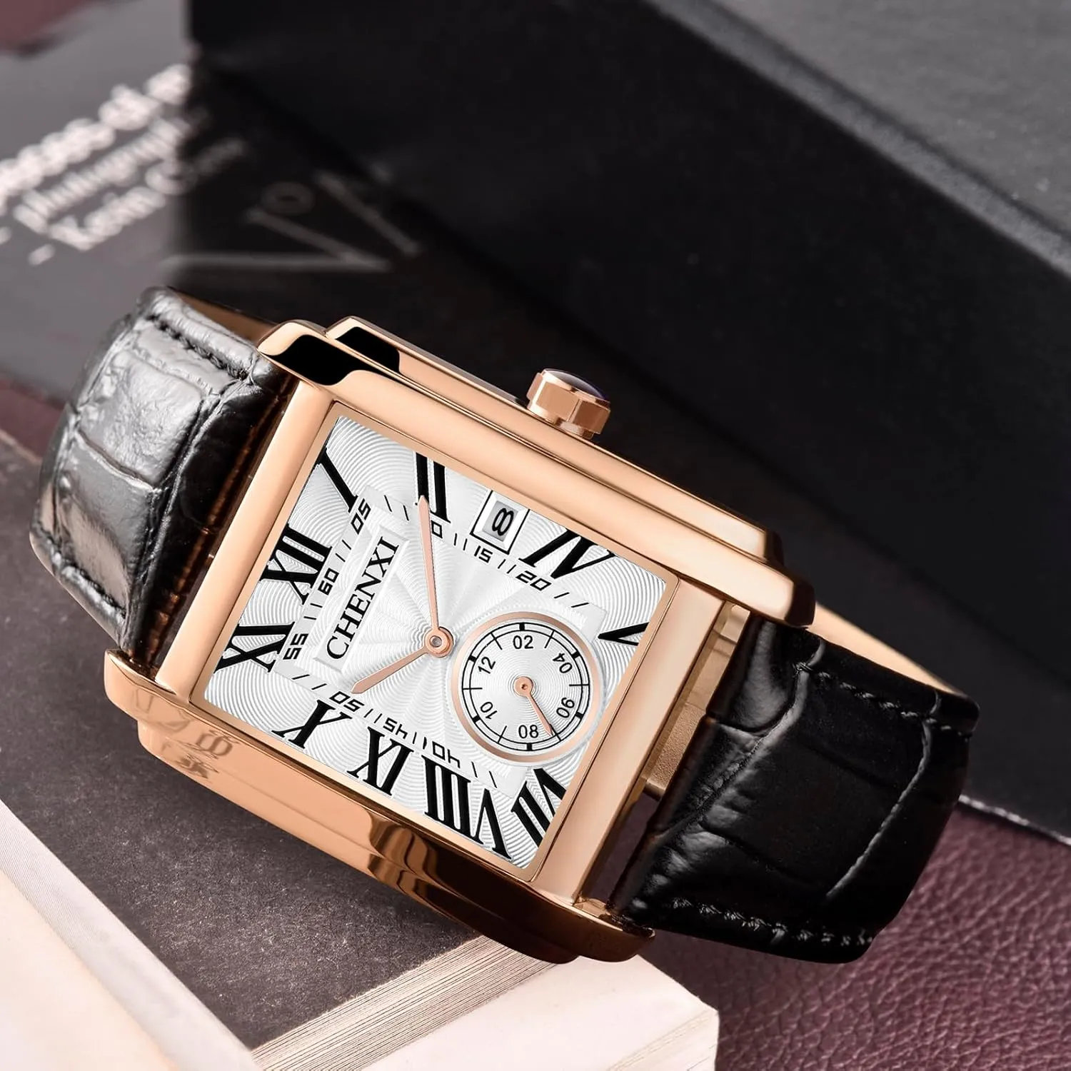 Gosasa Fashion Square Men's Watch Business Quartz Wristwatch for Men Date Leather Strap Casual Style 30M Waterproof