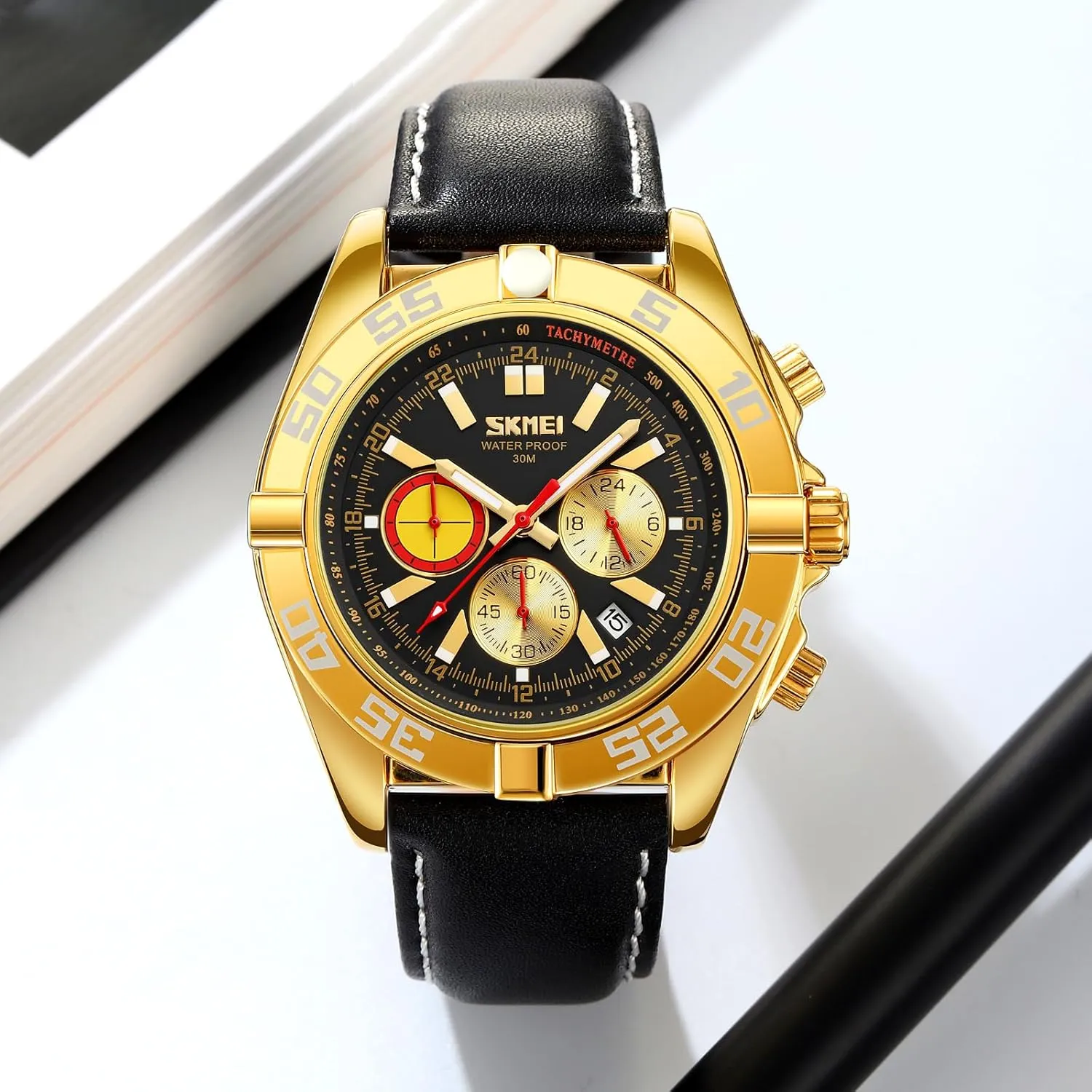 Gosasa Retro Quartz Watches for Men Chronograph Fashion Date Men's Wristwatch Leather Strap 30Waterproof Luminous Business Male Watch