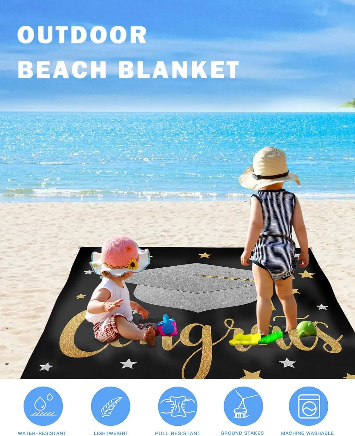 Graduation Cap Beach Blanket Large with Stakes Waterproof Sandproof,Foldable Beach Mat with Corner Pockets for Outdoor Travel Camping Hiking Picnic Essentials,Star Black Gold Grey 95"x80"