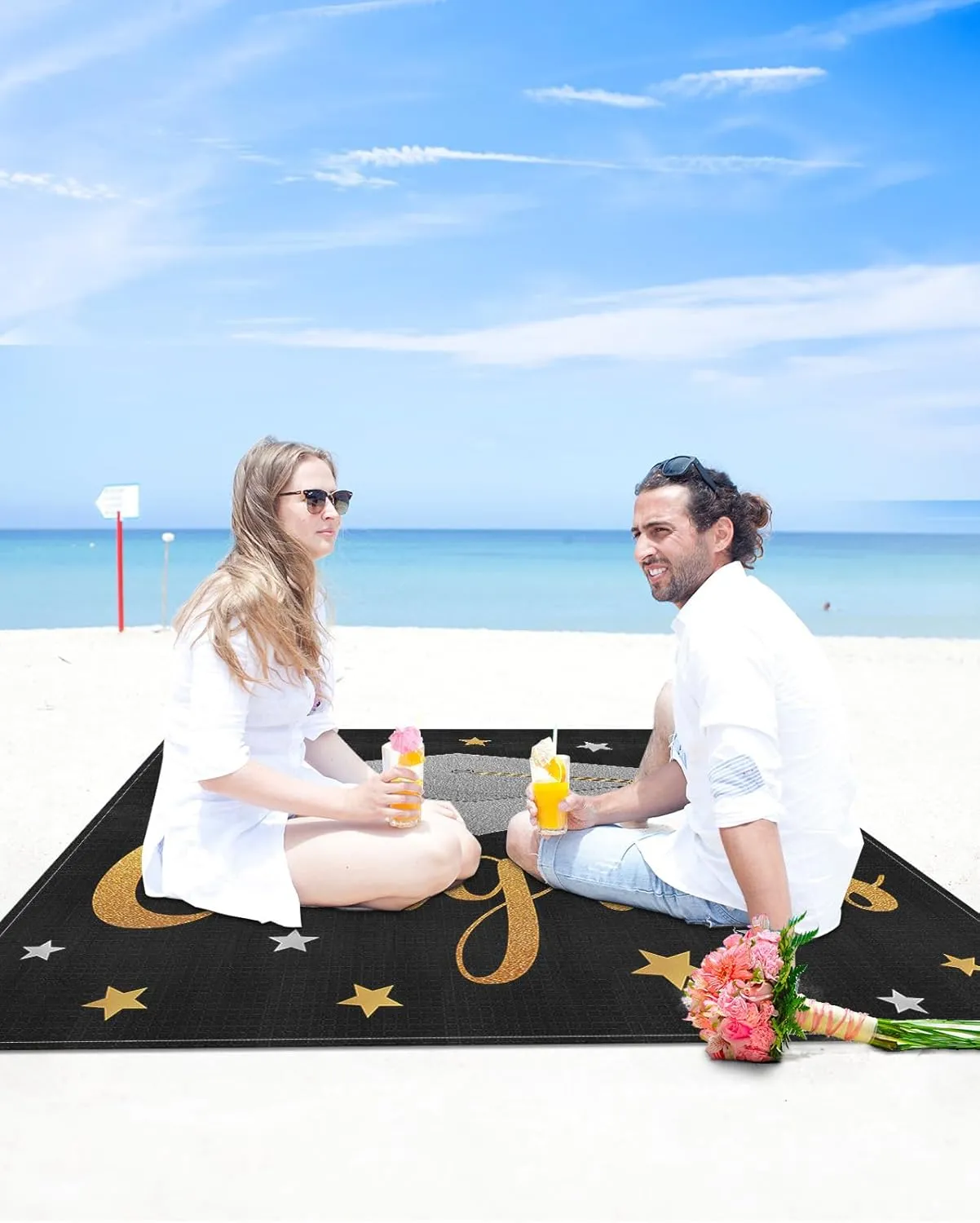 Graduation Cap Beach Blanket Large with Stakes Waterproof Sandproof,Foldable Beach Mat with Corner Pockets for Outdoor Travel Camping Hiking Picnic Essentials,Star Black Gold Grey 95"x80"