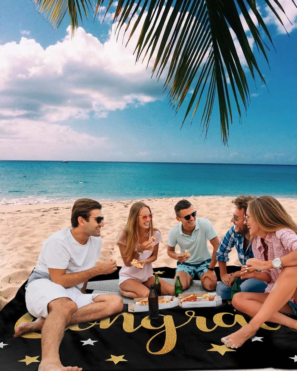 Graduation Cap Beach Blanket Large with Stakes Waterproof Sandproof,Foldable Beach Mat with Corner Pockets for Outdoor Travel Camping Hiking Picnic Essentials,Star Black Gold Grey 95"x80"