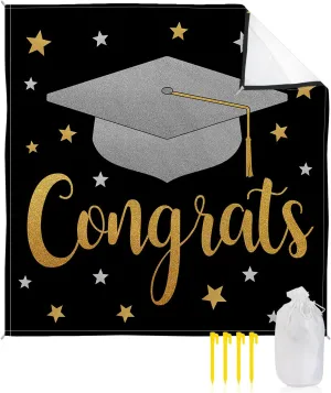 Graduation Cap Beach Blanket Large with Stakes Waterproof Sandproof,Foldable Beach Mat with Corner Pockets for Outdoor Travel Camping Hiking Picnic Essentials,Star Black Gold Grey 95"x80"