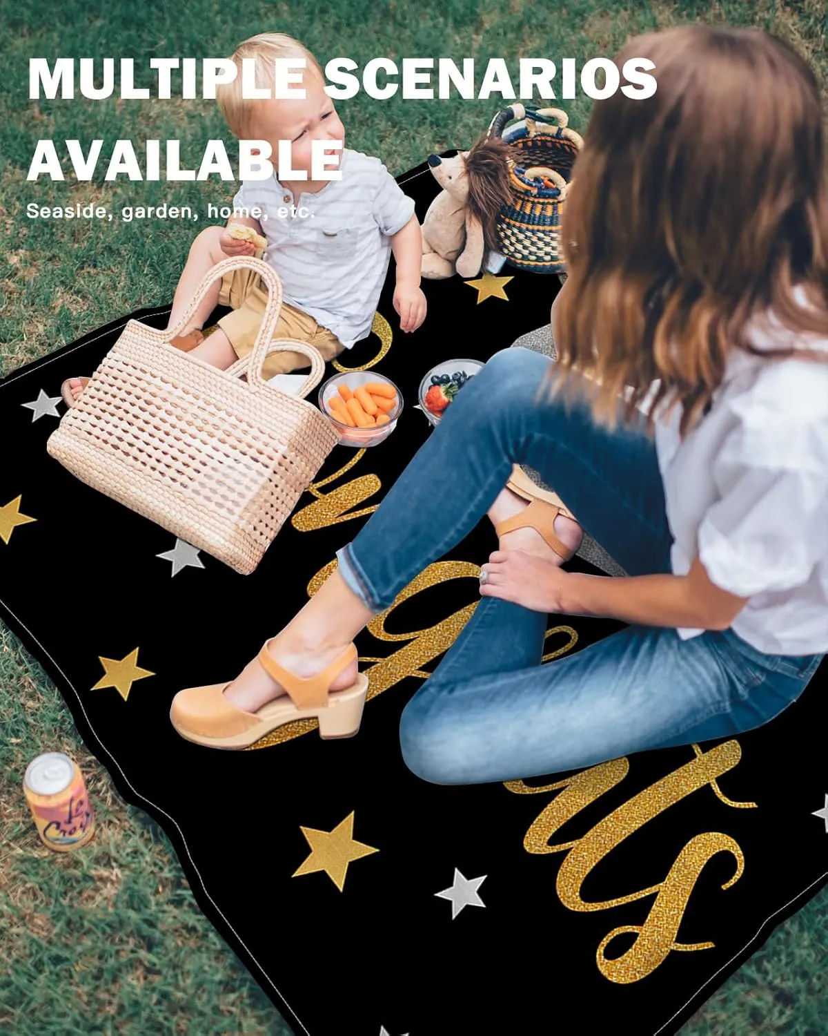 Graduation Cap Beach Blanket Large with Stakes Waterproof Sandproof,Foldable Beach Mat with Corner Pockets for Outdoor Travel Camping Hiking Picnic Essentials,Star Black Gold Grey 95"x80"