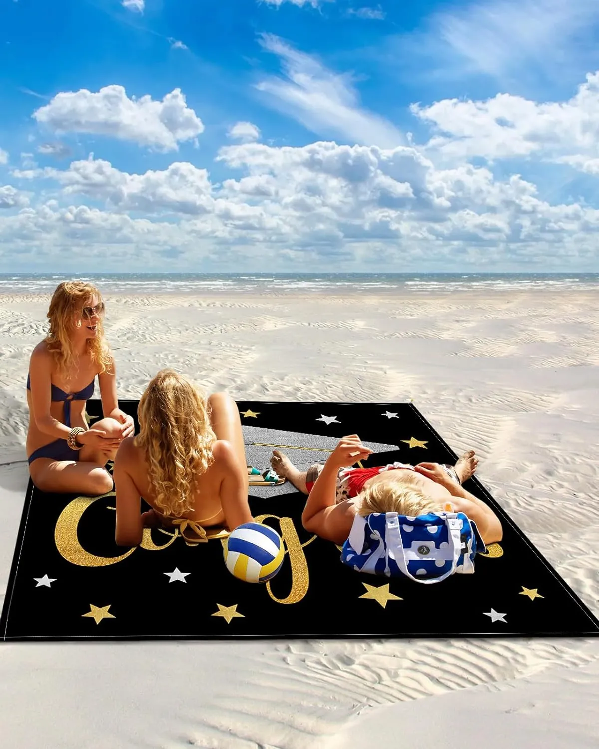 Graduation Cap Beach Blanket Large with Stakes Waterproof Sandproof,Foldable Beach Mat with Corner Pockets for Outdoor Travel Camping Hiking Picnic Essentials,Star Black Gold Grey 95"x80"