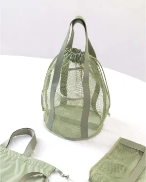 Green Lightweight Mesh Drawstring Beach Bag - Portable Travel Organizer for Toiletries and Essentials