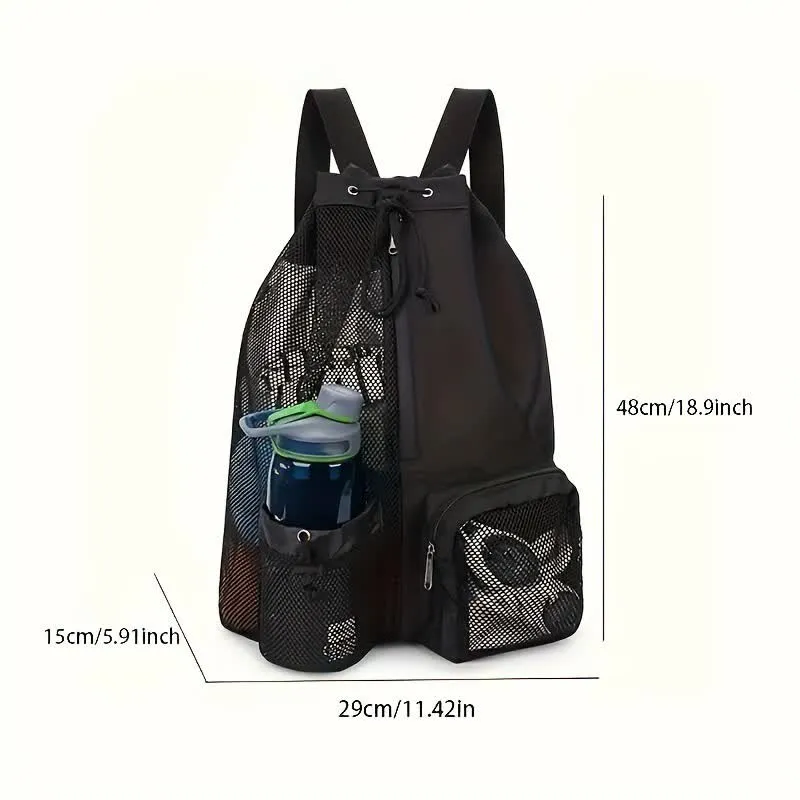 Green Mesh Drawstring Backpack - Lightweight Sports and Beach Bag with Pockets