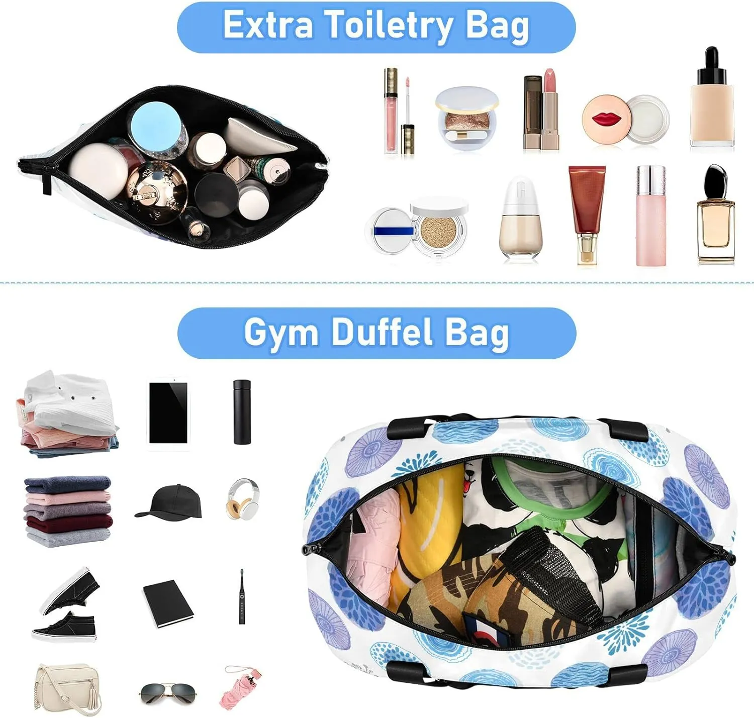 Green Tropical Palm leaves, Seamless Jungle Leaves on White Foldable Travel Bag, Camping Luggage bag, Portable Gym Bag, Sports Bag, Toiletry Bag with Handles Adjustable Shoulder Strap