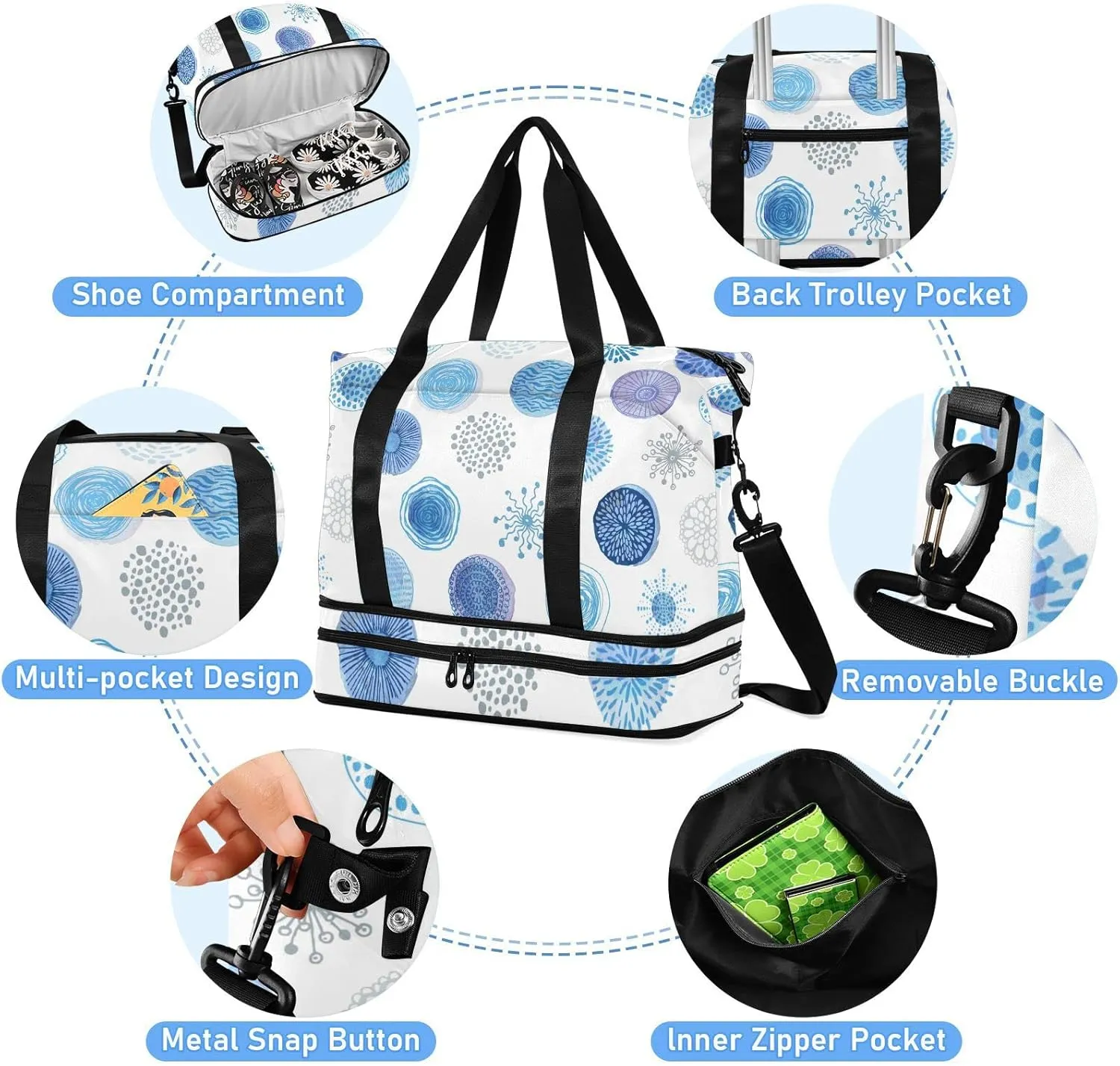 Green Tropical Palm leaves, Seamless Jungle Leaves on White Foldable Travel Bag, Camping Luggage bag, Portable Gym Bag, Sports Bag, Toiletry Bag with Handles Adjustable Shoulder Strap