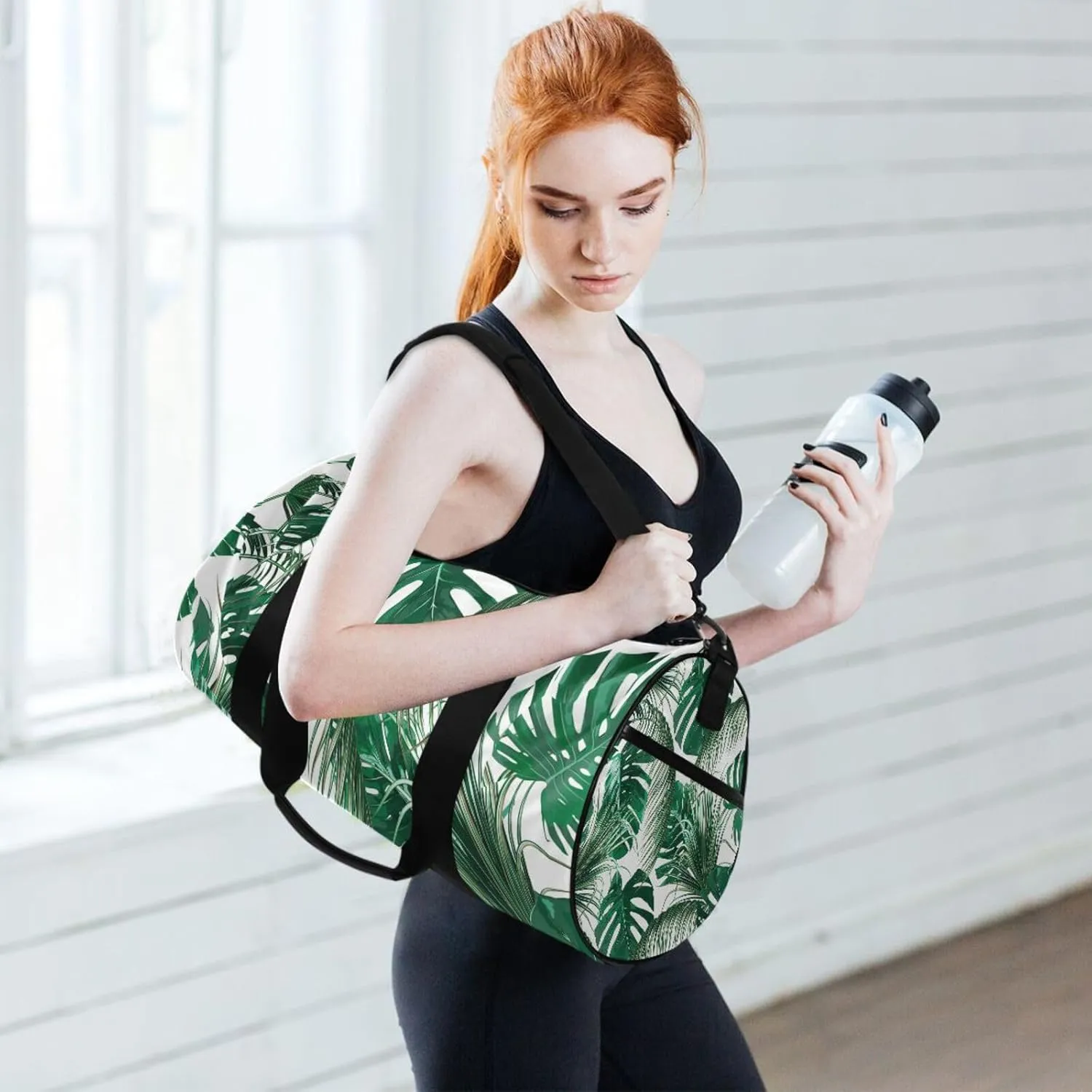 Green Tropical Palm leaves, Seamless Jungle Leaves on White Portable Gym Bag, Travel Bag, Luggage bag, Sports Bag, Toiletry Bag with Handles, Detachable Shoulder Strap 17.6 x 9 x 9 inch