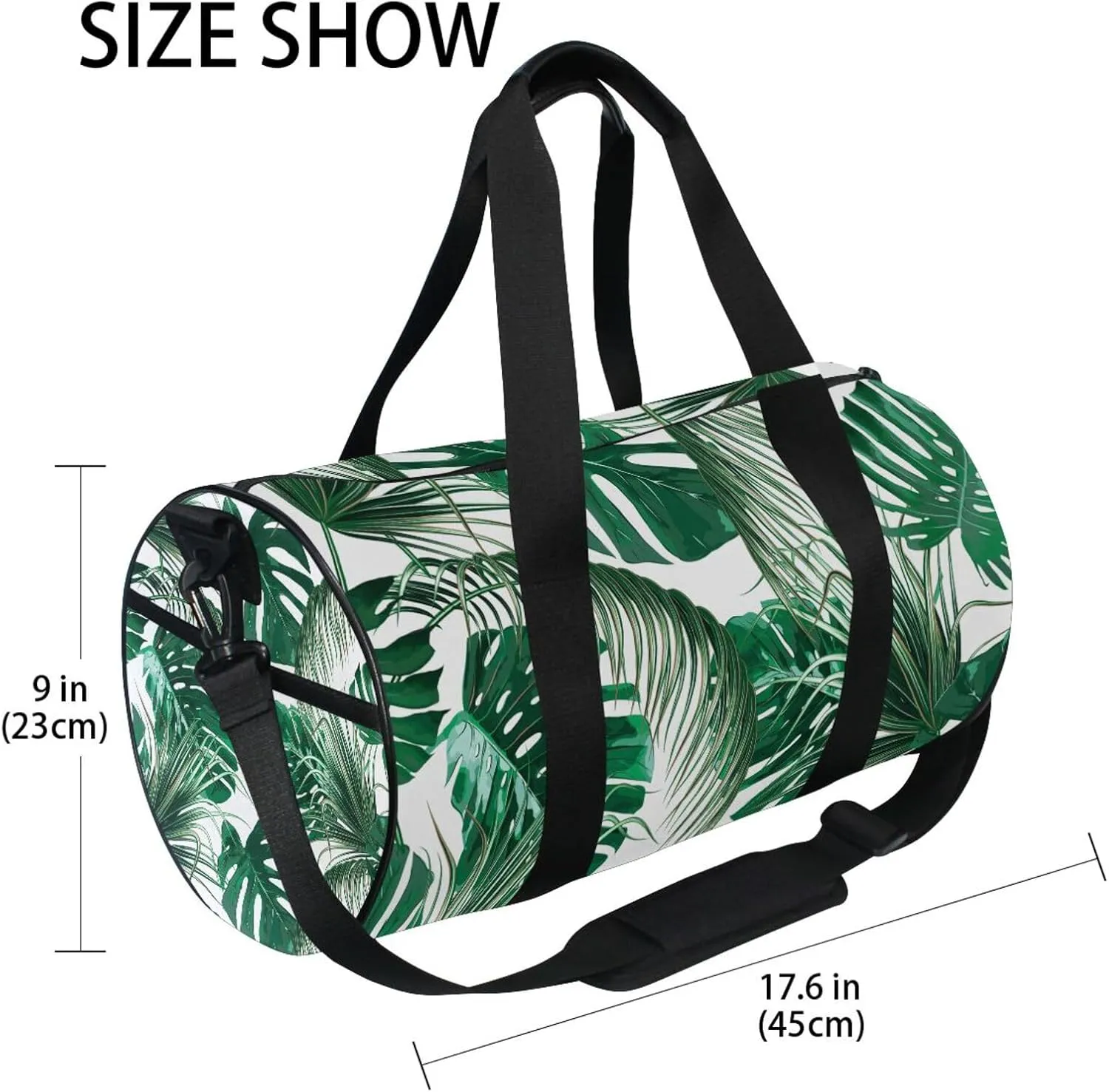 Green Tropical Palm leaves, Seamless Jungle Leaves on White Portable Gym Bag, Travel Bag, Luggage bag, Sports Bag, Toiletry Bag with Handles, Detachable Shoulder Strap 17.6 x 9 x 9 inch