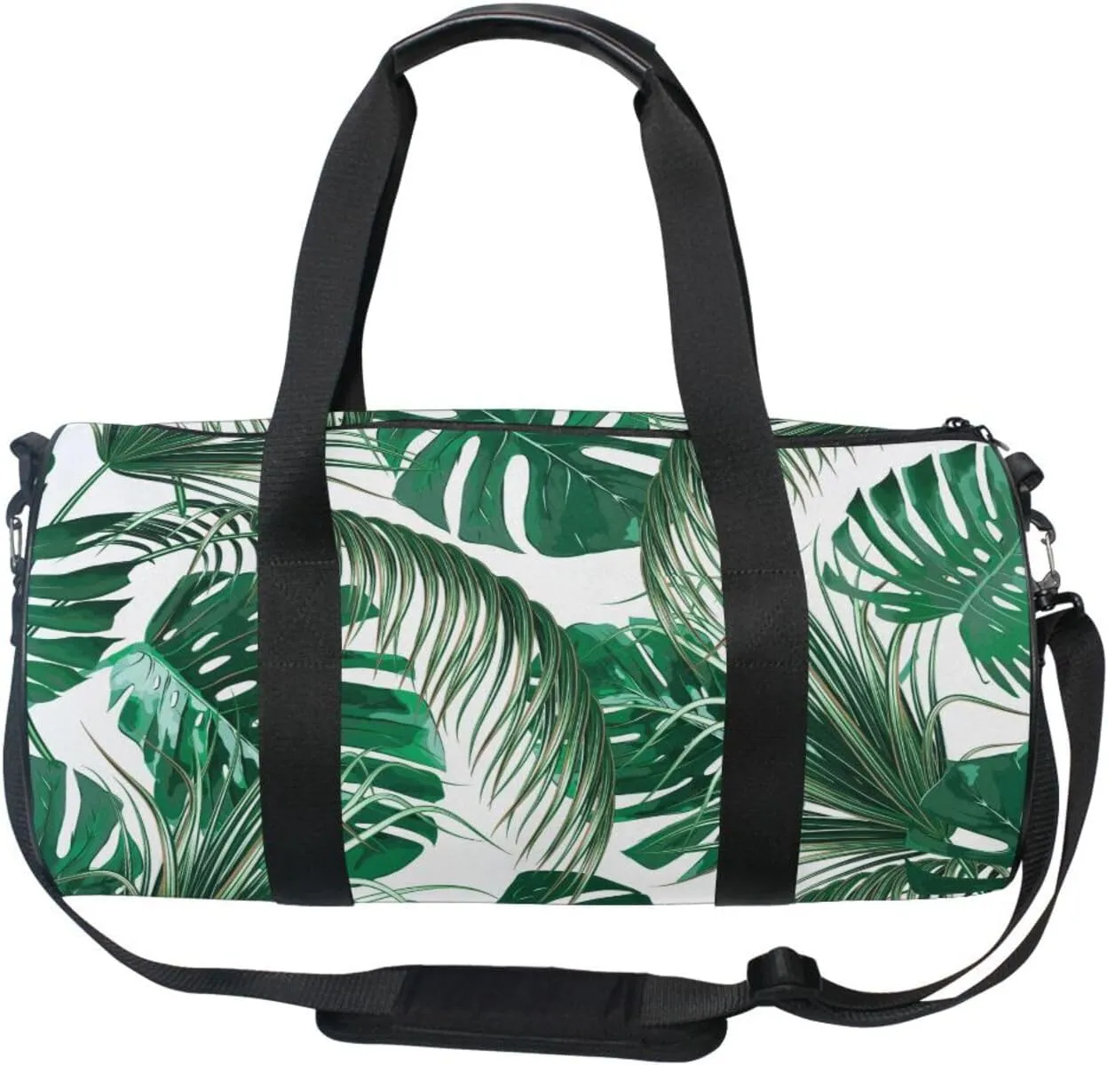 Green Tropical Palm leaves, Seamless Jungle Leaves on White Portable Gym Bag, Travel Bag, Luggage bag, Sports Bag, Toiletry Bag with Handles, Detachable Shoulder Strap 17.6 x 9 x 9 inch