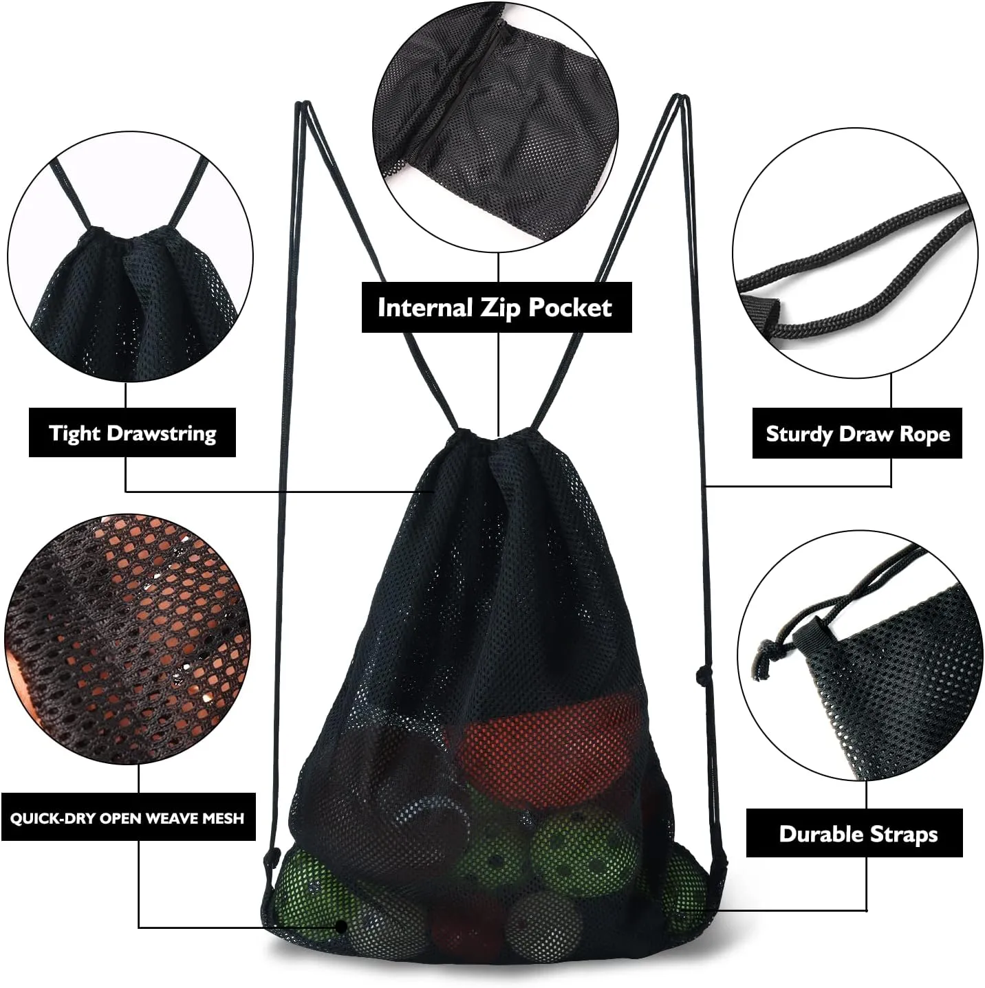 GSE Games & Sports Expert 19"x15" Black Mesh Drawstring Backpack Bag for Baseball, Softball, Tennis, Pickleball Ball, Golf Ball. Mesh Sports Equipment Bag with Lock for Gym, Beach, Laundry