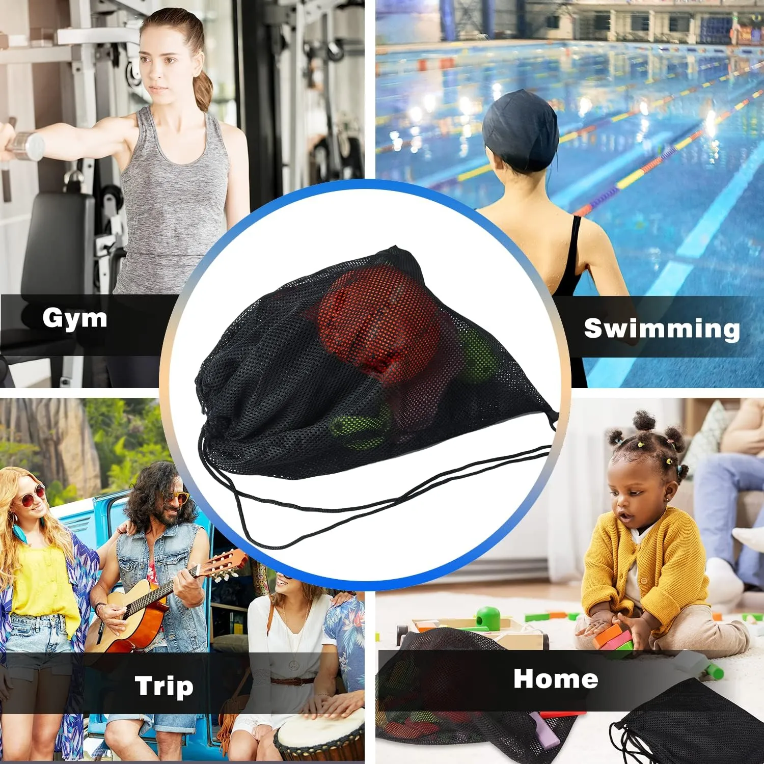 GSE Games & Sports Expert 19"x15" Black Mesh Drawstring Backpack Bag for Baseball, Softball, Tennis, Pickleball Ball, Golf Ball. Mesh Sports Equipment Bag with Lock for Gym, Beach, Laundry
