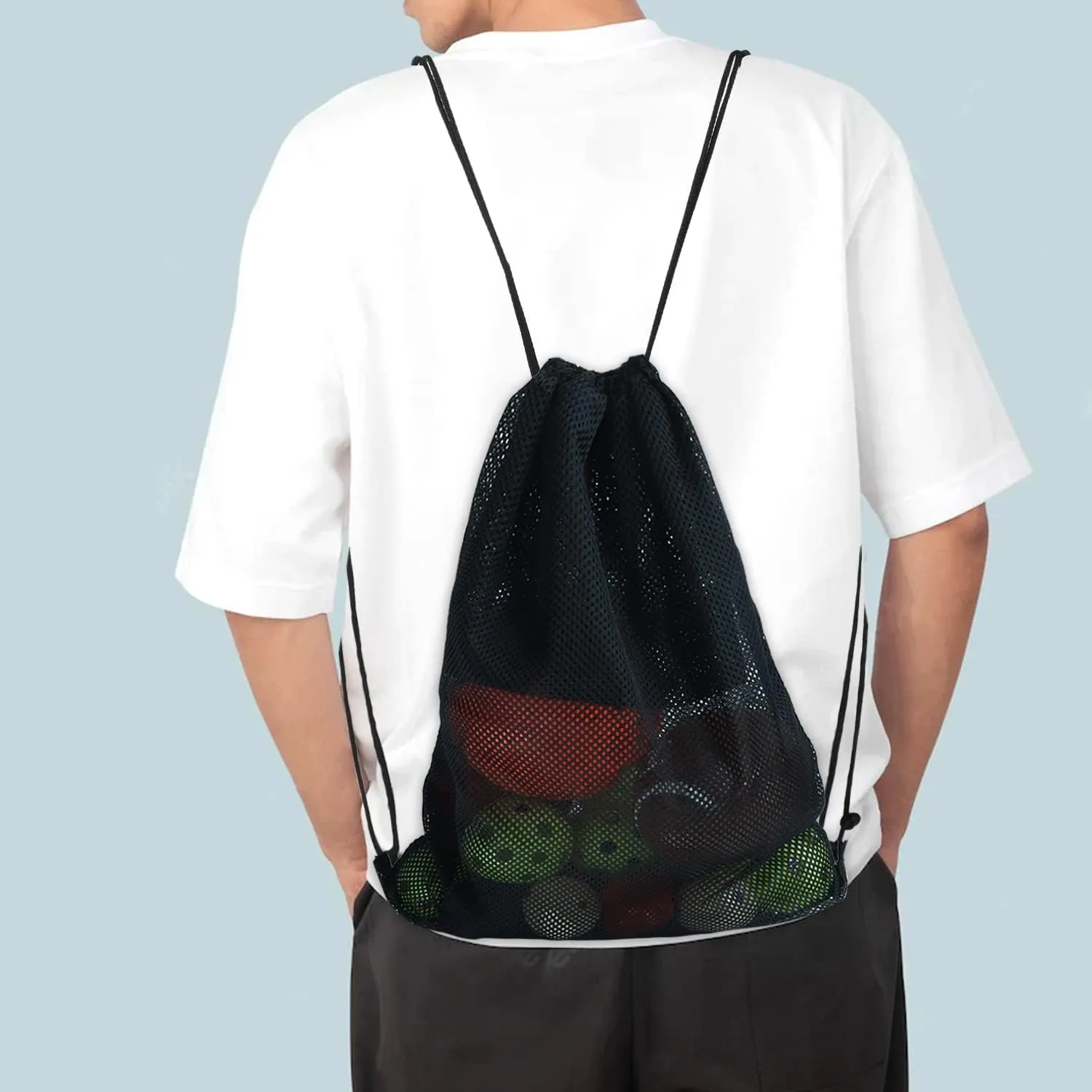 GSE Games & Sports Expert 19"x15" Black Mesh Drawstring Backpack Bag for Baseball, Softball, Tennis, Pickleball Ball, Golf Ball. Mesh Sports Equipment Bag with Lock for Gym, Beach, Laundry