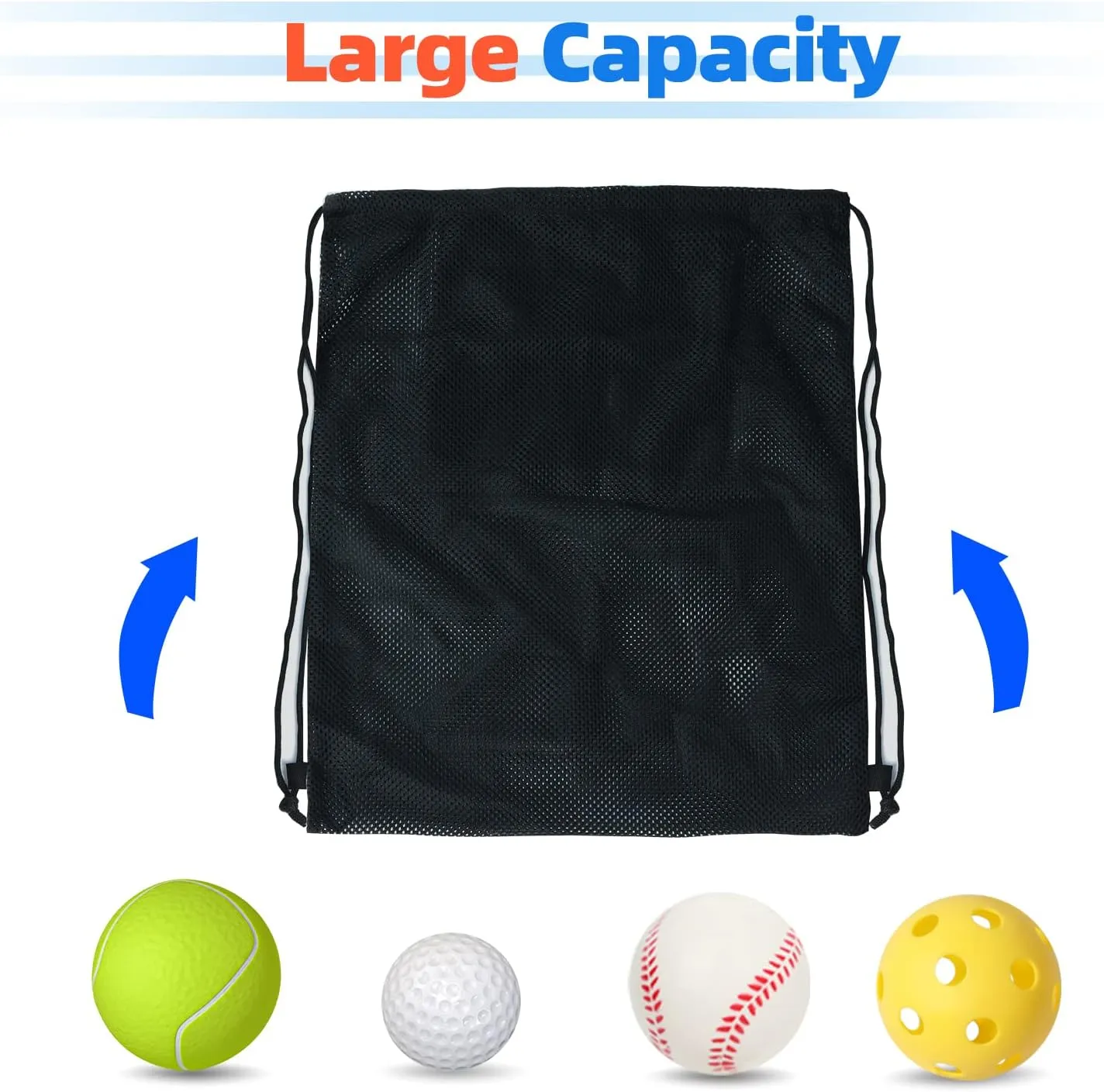 GSE Games & Sports Expert 19"x15" Black Mesh Drawstring Backpack Bag for Baseball, Softball, Tennis, Pickleball Ball, Golf Ball. Mesh Sports Equipment Bag with Lock for Gym, Beach, Laundry