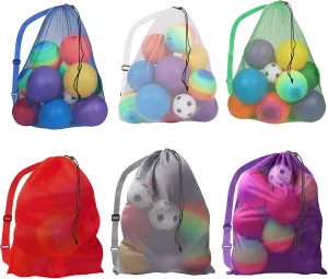 GSE Games & Sports Expert 6 Pack Colored Extra Large Mesh Sports Ball Drawstring Bag, 30" x 40" Soccer Equipment Bag with Adjustable Shoulder Strap for Football, Basketball, Volleyball, Swimming