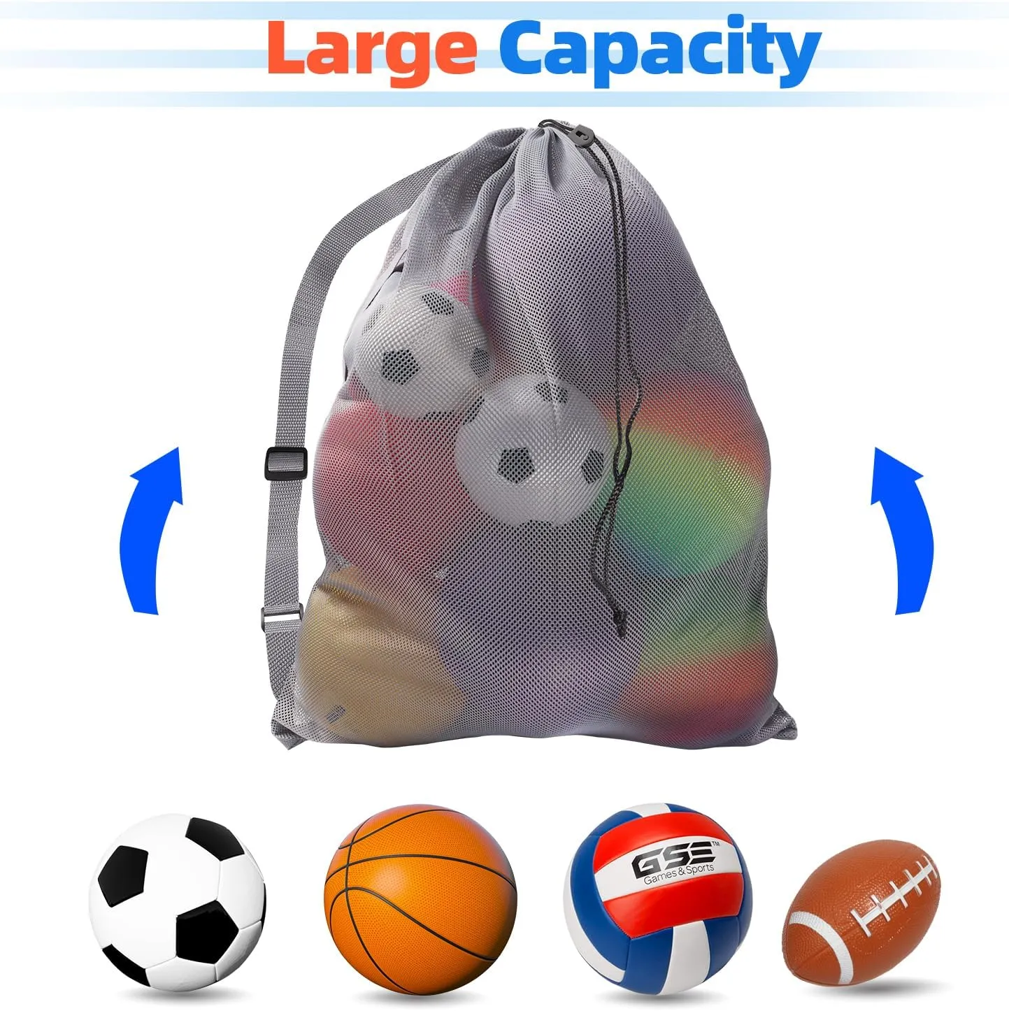 GSE Games & Sports Expert 6 Pack Colored Extra Large Mesh Sports Ball Drawstring Bag, 30" x 40" Soccer Equipment Bag with Adjustable Shoulder Strap for Football, Basketball, Volleyball, Swimming