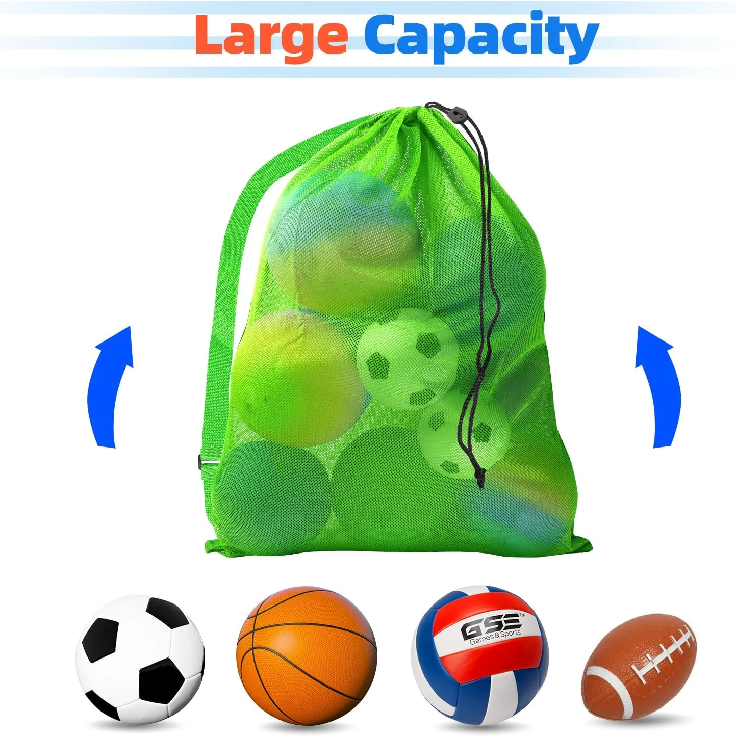 GSE Games & Sports Expert 6 Pack Green Extra Large Mesh Sports Ball Drawstring Bag, 30" x 40" Soccer Equipment Bag with Adjustable Shoulder Strap for Football, Basketball, Volleyball, Swimming