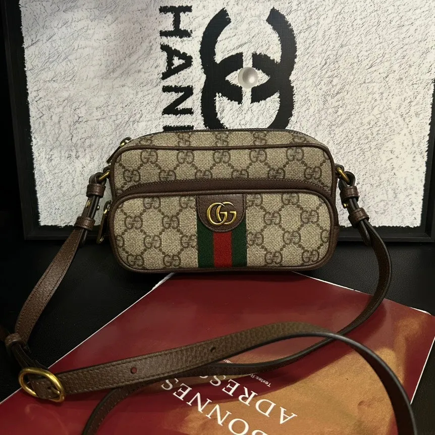 Gucci GG Supreme Beige Brown Double Layer Crossbody Waist Bag