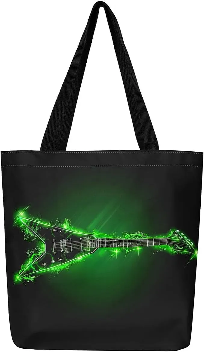 Guitar Canvas Tote Bag for Women,Music Stringed Instruments Large Capacity Gym Bag Flaming Grocery Shoulder Bag