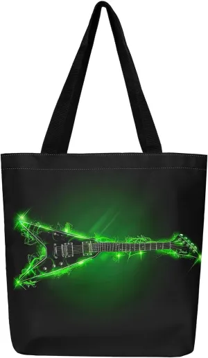 Guitar Canvas Tote Bag for Women,Music Stringed Instruments Large Capacity Gym Bag Flaming Grocery Shoulder Bag