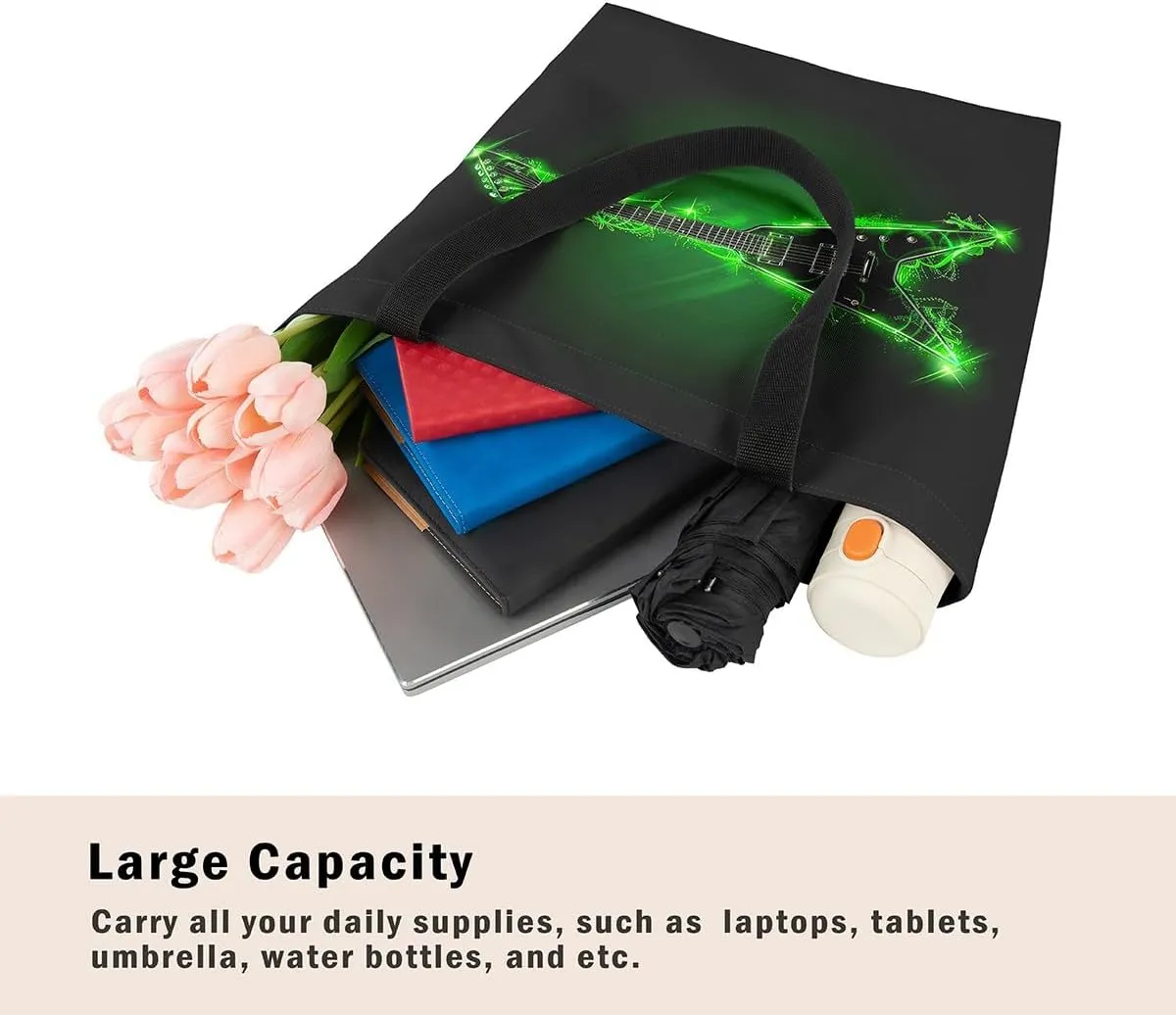 Guitar Canvas Tote Bag for Women,Music Stringed Instruments Large Capacity Gym Bag Flaming Grocery Shoulder Bag