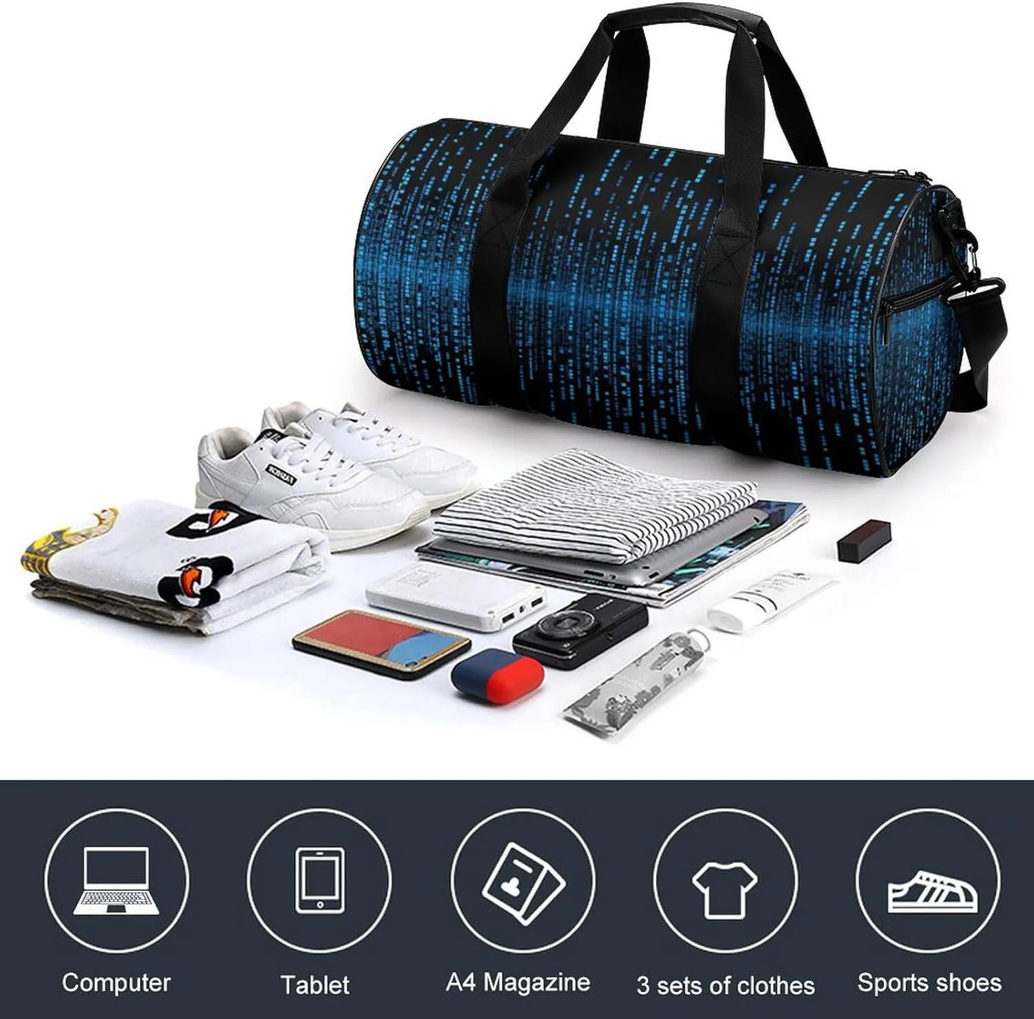 Gym Bag for Men Women The Blue Binary Matrix Duffel Bag Overnight Bag with Compartment Gym Sackpac