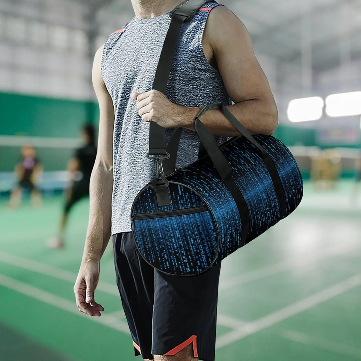 Gym Bag for Men Women The Blue Binary Matrix Duffel Bag Overnight Bag with Compartment Gym Sackpac