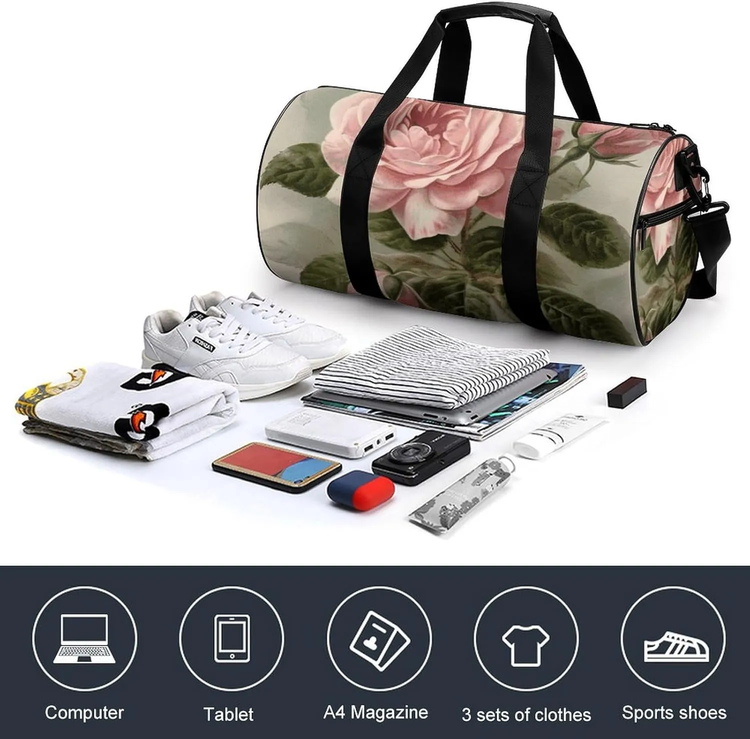 Gym Bag for Men Women Vintage Pink Rose Duffel Bag Overnight Bag with Compartment Gym Sackpac