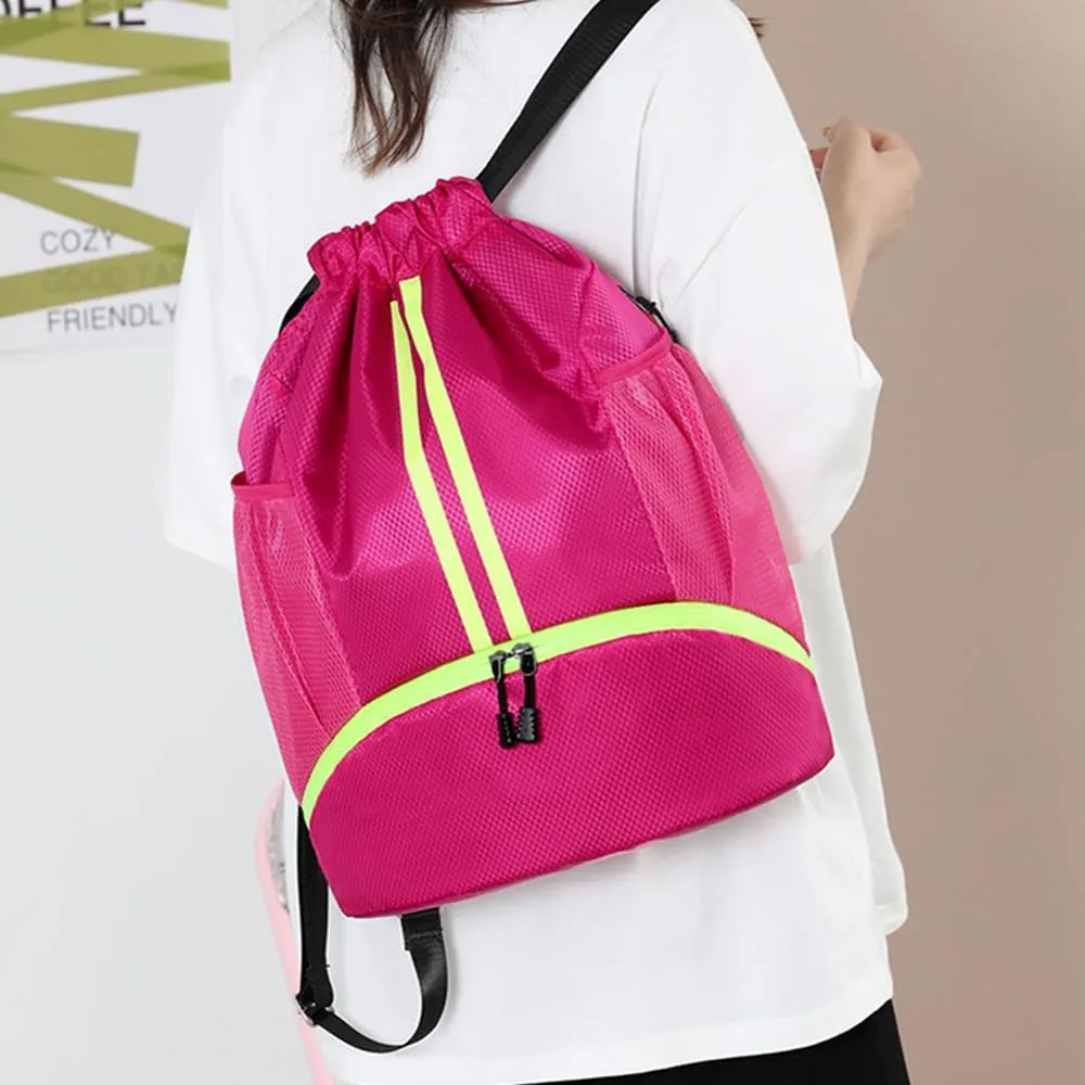 Gym Drawstring Backpack, Mens Women String Workout Sport Basketball Bag with Dry Wet Separation Pocket and Shoes Compartment for Running Fitness Cycling Swimming Playing Camping(Rose Red)…