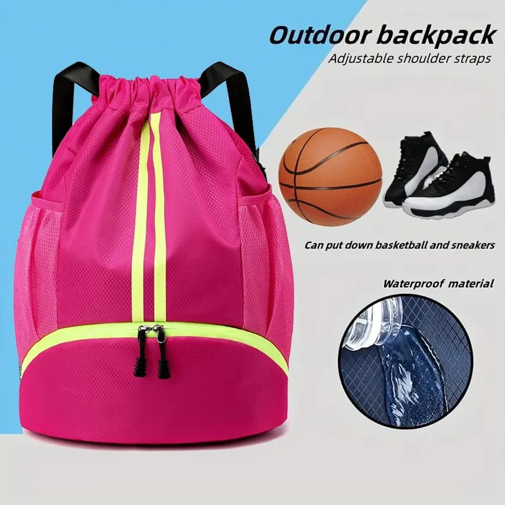 Gym Drawstring Backpack, Mens Women String Workout Sport Basketball Bag with Dry Wet Separation Pocket and Shoes Compartment for Running Fitness Cycling Swimming Playing Camping(Rose Red)…