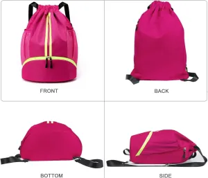 Gym Drawstring Backpack, Mens Women String Workout Sport Basketball Bag with Dry Wet Separation Pocket and Shoes Compartment for Running Fitness Cycling Swimming Playing Camping(Rose Red)…