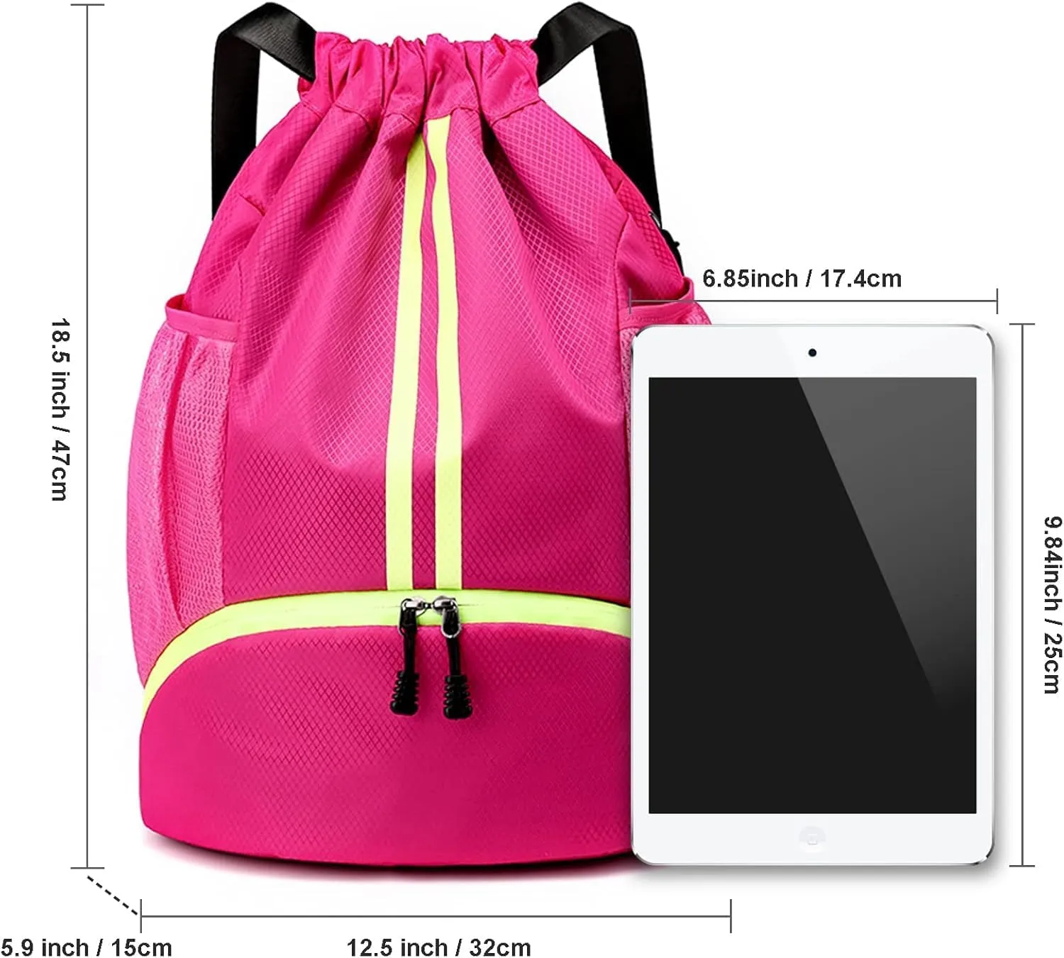 Gym Drawstring Backpack, Mens Women String Workout Sport Basketball Bag with Dry Wet Separation Pocket and Shoes Compartment for Running Fitness Cycling Swimming Playing Camping(Rose Red)…