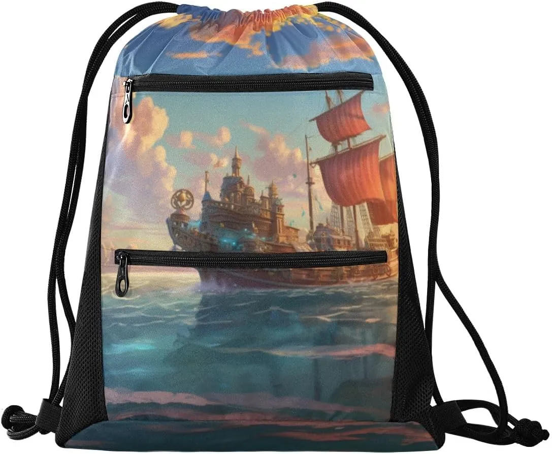 Gym Drawstring Backpack Sports String Bags Training Gym Sack Sailing Sailboat 4 with Zipper Pocket Small